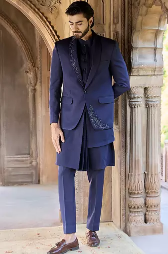 Blue embroidered linen indowestern set