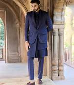 Blue embroidered linen indowestern set