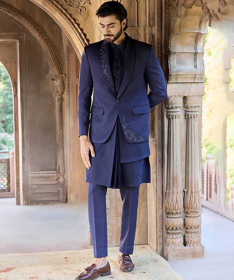 Blue embroidered linen indowestern set