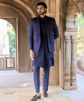 Blue embroidered linen indowestern set 2