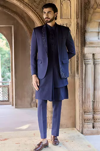 Blue embroidered linen indowestern set