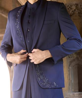 Blue embroidered linen indowestern set 3