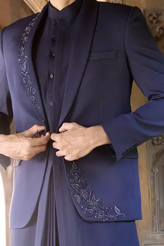 Blue embroidered linen indowestern set