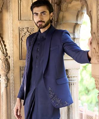 Blue embroidered linen indowestern set 4