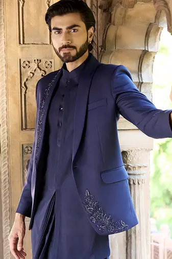 Blue embroidered linen indowestern set
