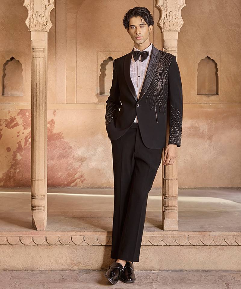 Black embroidered velvet tuxedo