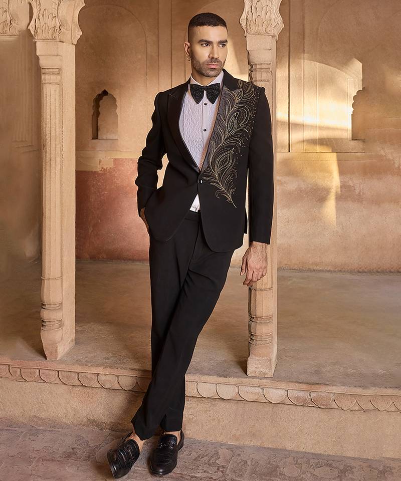 Black embroidered velvet tuxedo