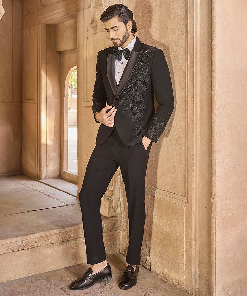 Black embroidered velvet tuxedo