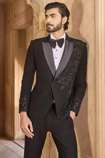 Black embroidered velvet tuxedo