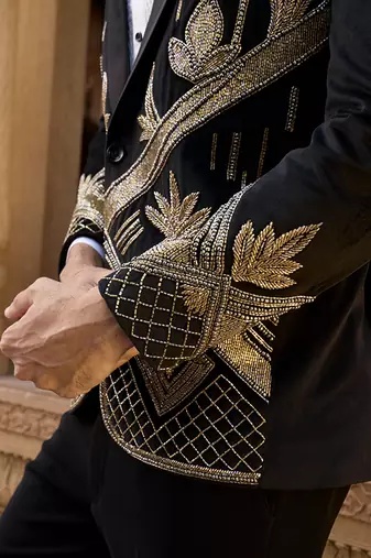Black embroidered velvet tuxedo