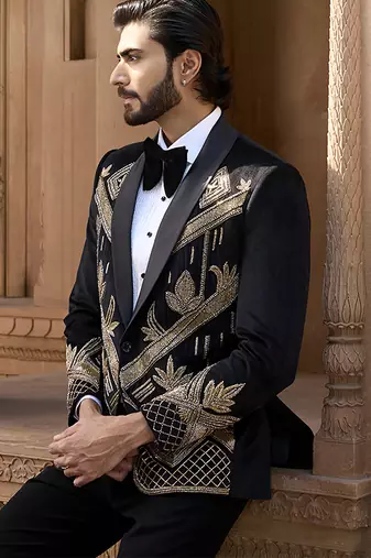 Black embroidered velvet tuxedo