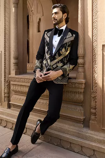 Black embroidered velvet tuxedo