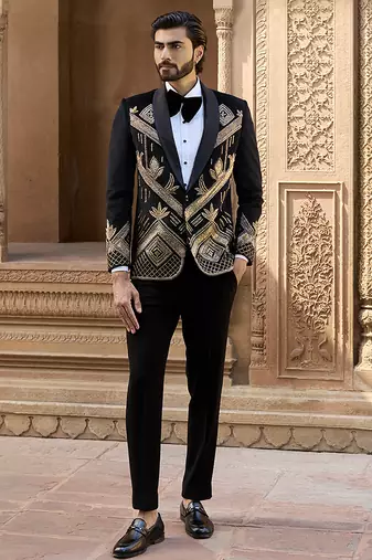 Black embroidered velvet tuxedo