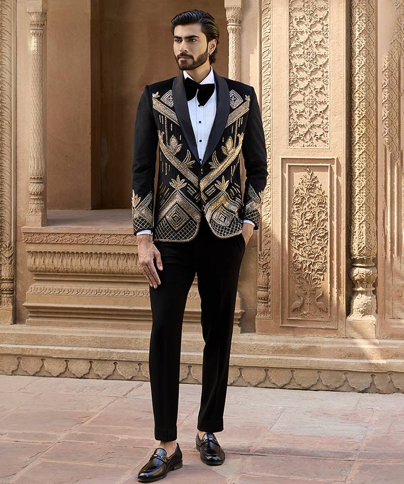 Black embroidered velvet tuxedo