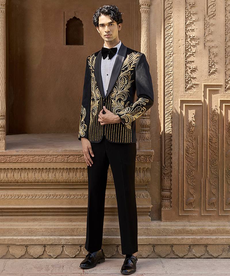 Black embroidered velvet tuxedo