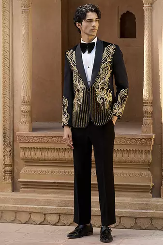Black embroidered velvet tuxedo
