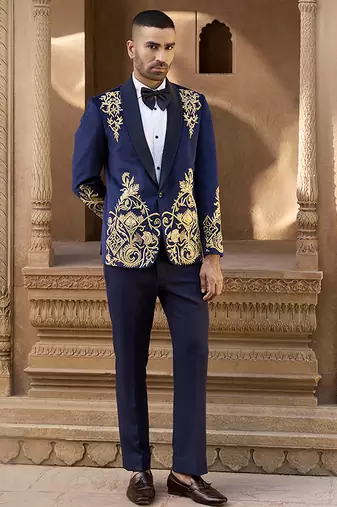 Blue embroidered velvet tuxedo