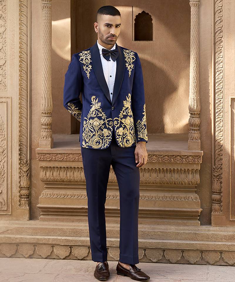 Blue embroidered velvet tuxedo