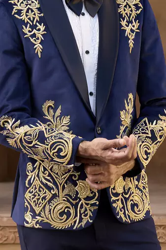 Blue embroidered velvet tuxedo