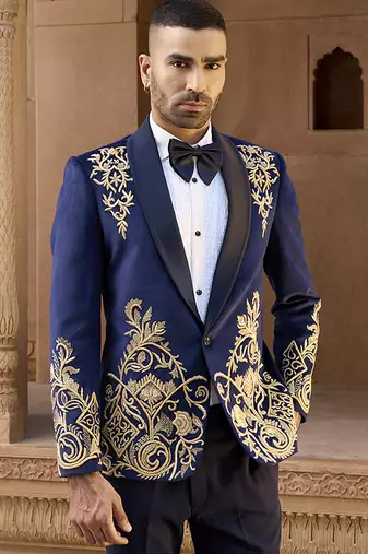 Blue embroidered velvet tuxedo