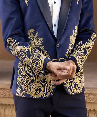 Blue embroidered velvet tuxedo 4