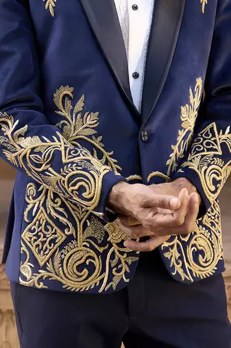 Blue embroidered velvet tuxedo