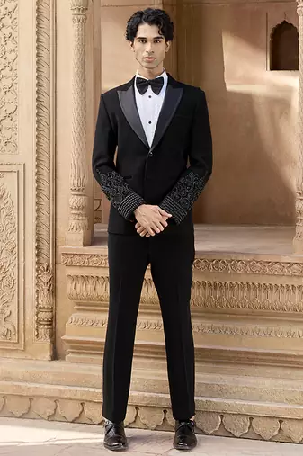Black embroidered crepe silk tuxedo