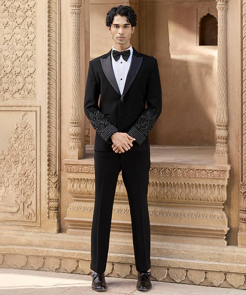 Black embroidered crepe silk tuxedo