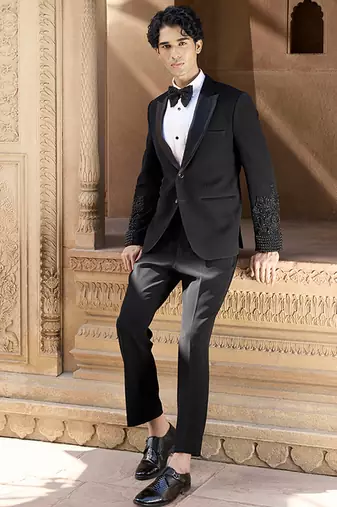 Black embroidered crepe silk tuxedo
