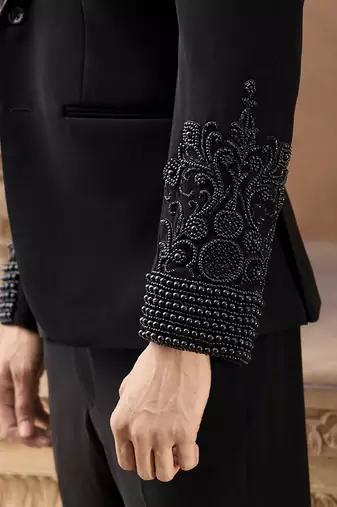 Black embroidered crepe silk tuxedo