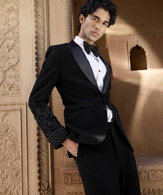 Black embroidered crepe silk tuxedo 4