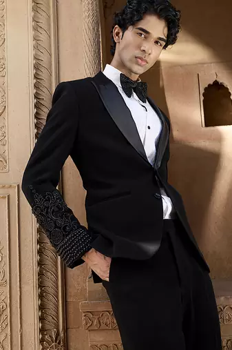 Black embroidered crepe silk tuxedo