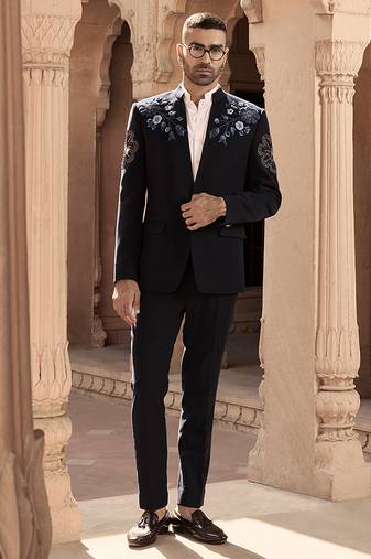 Blue embroidered linen bandhgala set