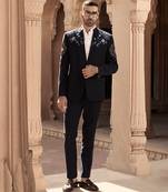 Blue embroidered linen bandhgala set