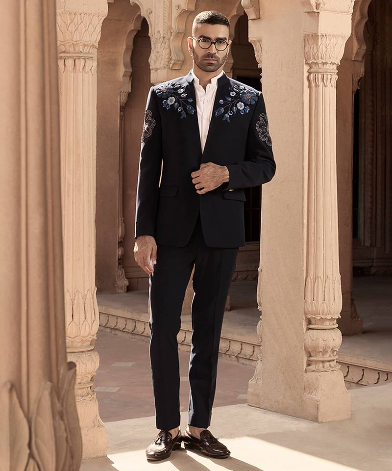 Blue embroidered linen bandhgala set