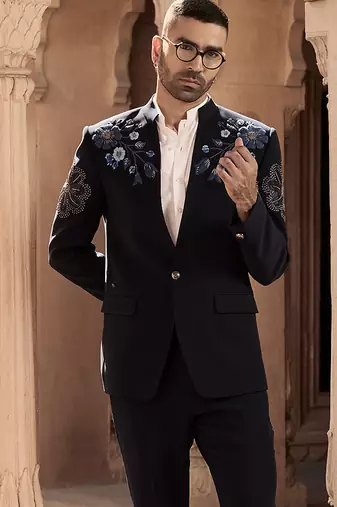 Blue embroidered linen bandhgala set