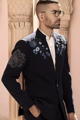 Blue embroidered linen bandhgala set