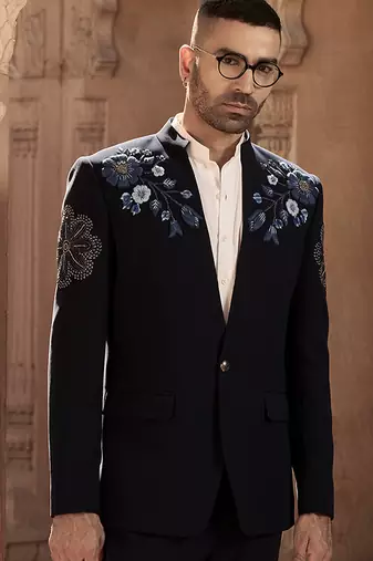 Blue embroidered linen bandhgala set