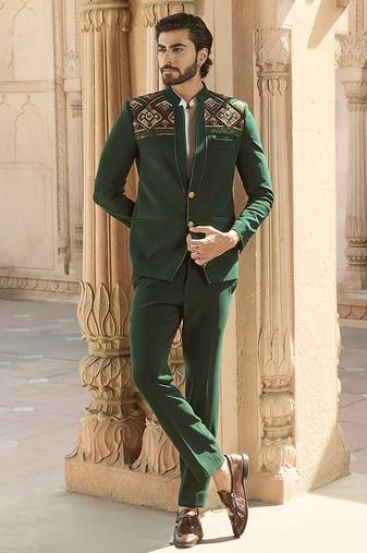 Green embroidered linen bandhgala set