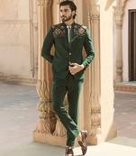 Green embroidered linen bandhgala set