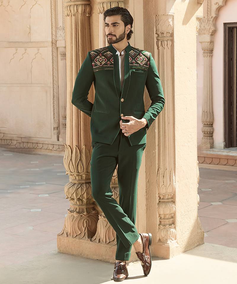 Green embroidered linen bandhgala set