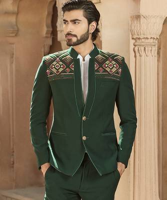 Green embroidered linen bandhgala set 2