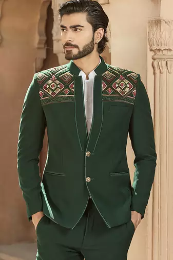 Green embroidered linen bandhgala set