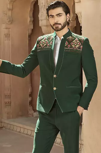 Green embroidered linen bandhgala set
