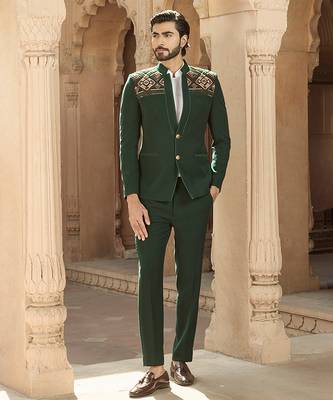 Green embroidered linen bandhgala set 4