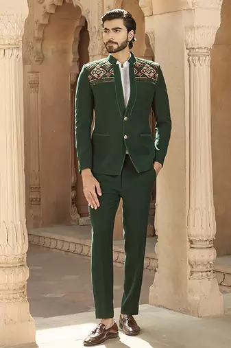 Green embroidered linen bandhgala set