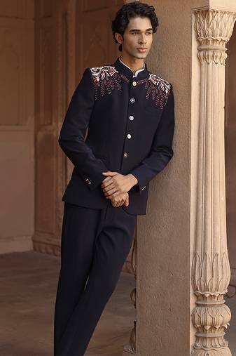 Blue embroidered linen bandhgala set