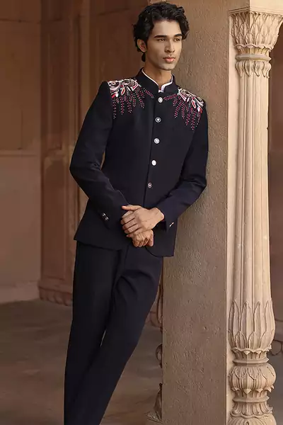 Blue embroidered linen bandhgala set