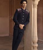 Blue embroidered linen bandhgala set