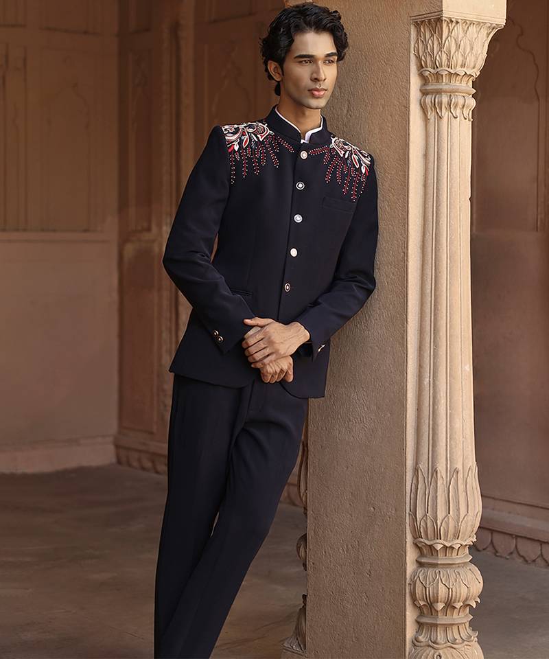 Blue embroidered linen bandhgala set